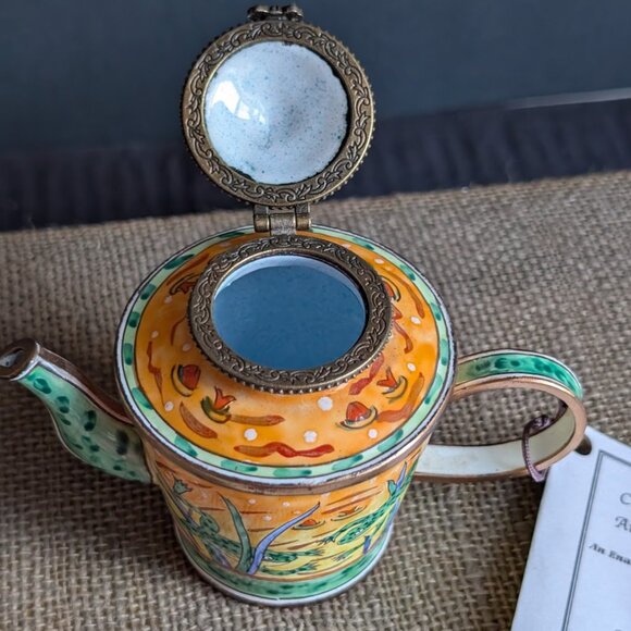 Kelvin Chen Jumping Frogs on Pond Enameled Miniature Teapot with Hinged Lid - Picture 3 of 10